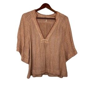 Free People Womens XS Blush Coral  Short Sleeve Blouse Top Knit Boho